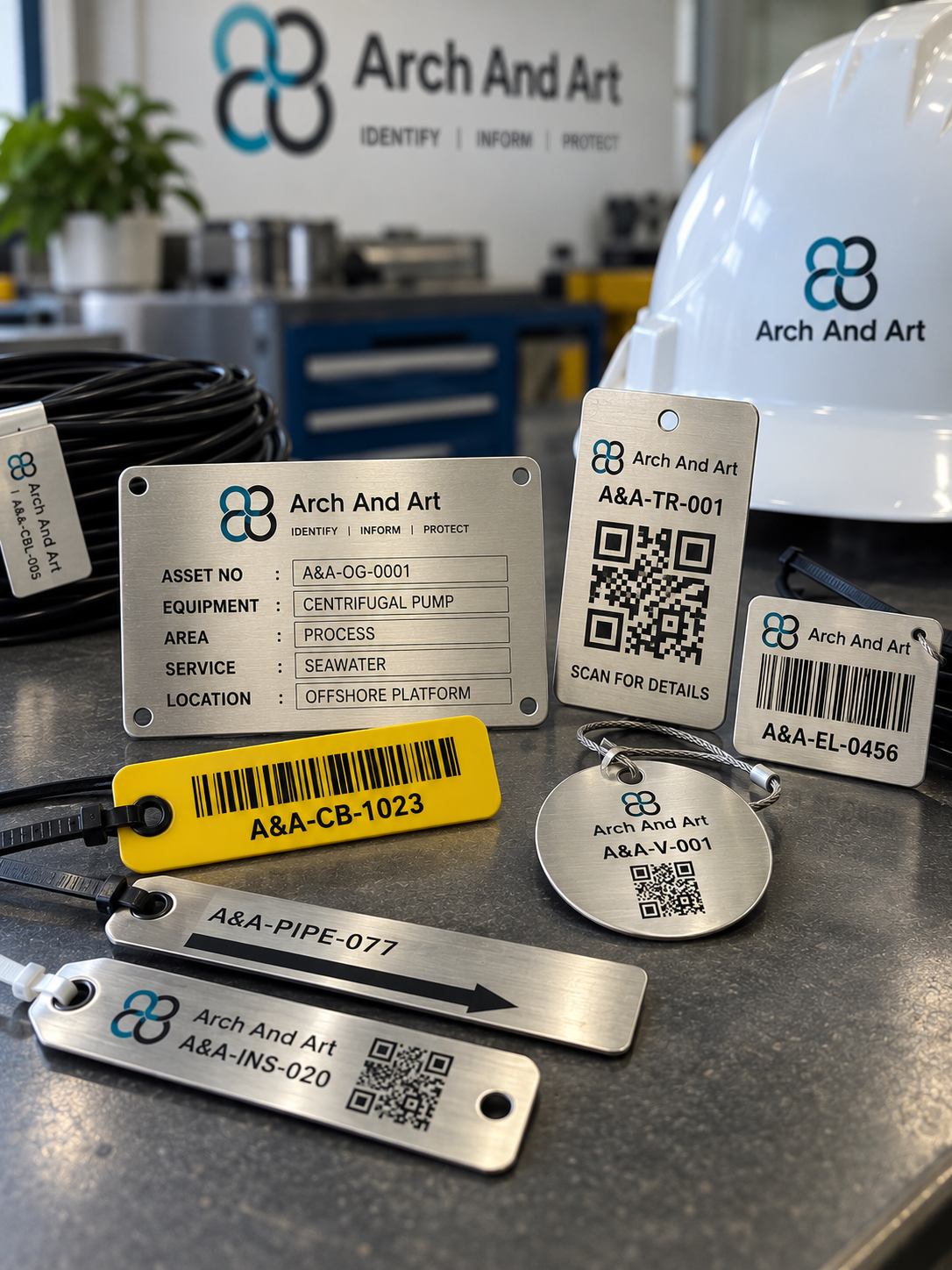 Industrial asset identification tags and equipment labels